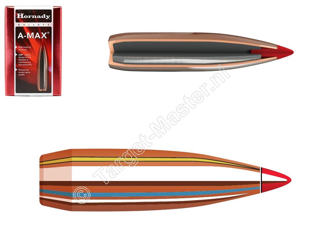 Hornady A-MAX Kogels .30 kaliber 155 grain verpakking 100 Hornady A-MAX Kogels .30 kaliber 155 grain verpakking 100